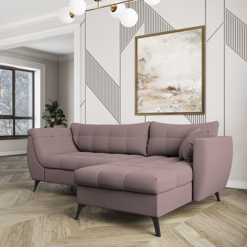 Masseno Ecksofa MOLLIS mit Schlaffunktion L-Form, Sofa mit Bettkasten, Wohnzimmersofa, Couch, Soffa, Bettsofa, Couchgarnitur- Rosa, SORO 61
