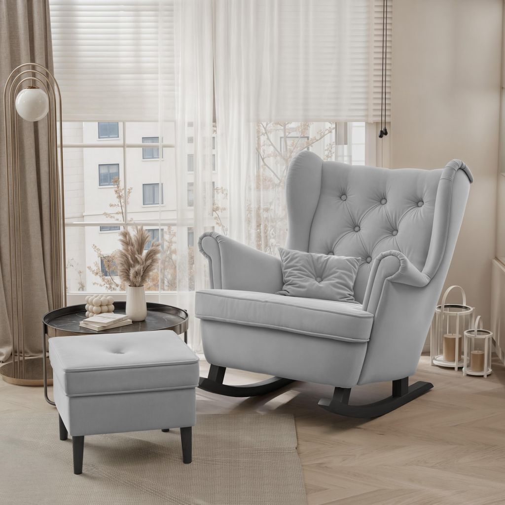 Schaukelstuhl SCANDI gepolsterter Ohrensessel im skandinavischen Stil Modernes Design Komfort Ohrensessel Grau