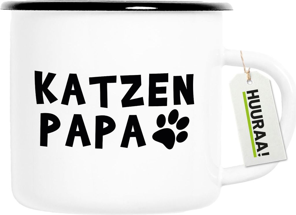 Huuraa Emaille Tasse Katzenpapa Tapse 300ml Vintage Campingbecher Geschenkidee