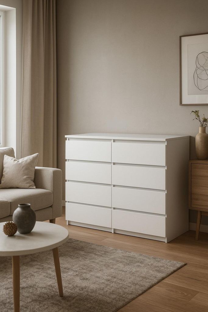 Quadro – stilvolle Kommode mit 8 Schubladen. Variante: Farbe Weiß, Größe 138x39x101 cm