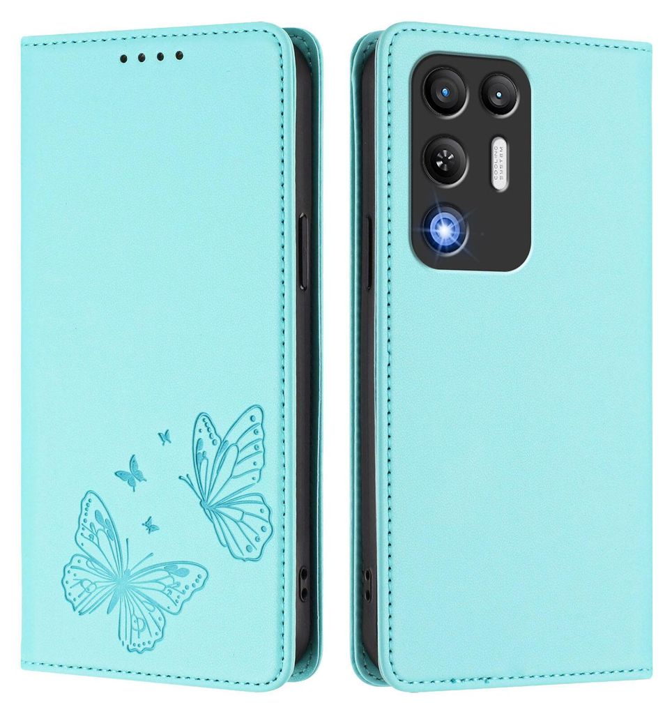 Lederhülle für ZTE nubia RedMagic 11 Air, Schmetterling Prägung Leder Brieftasche Schutzhülle mit Ständer Türkis