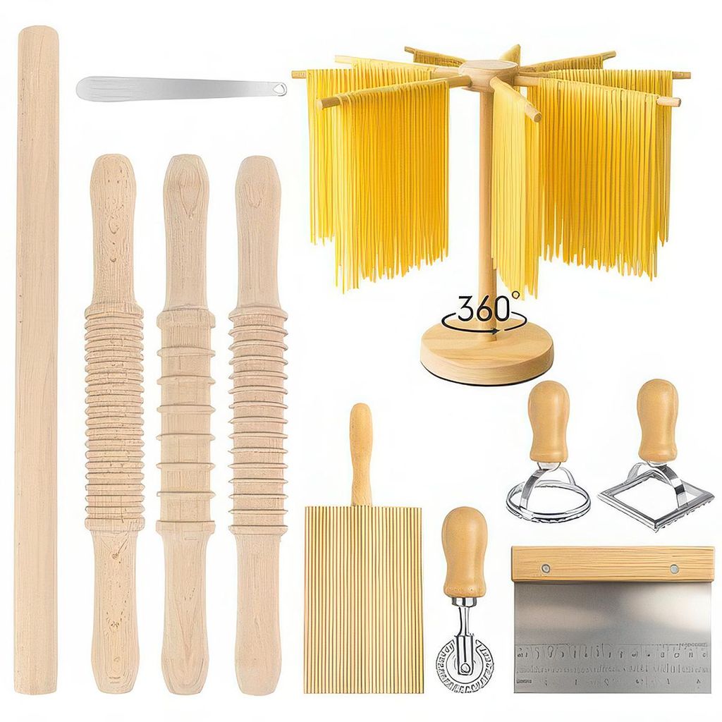 11-tlg.Nudelset aus Holz,3 Größen strukturierte Nudelholz,langes Nudelholz,drehbarer Pastatrockner,Gnocchi-Brett,Teigschneider,Rollschneider&2 St...
