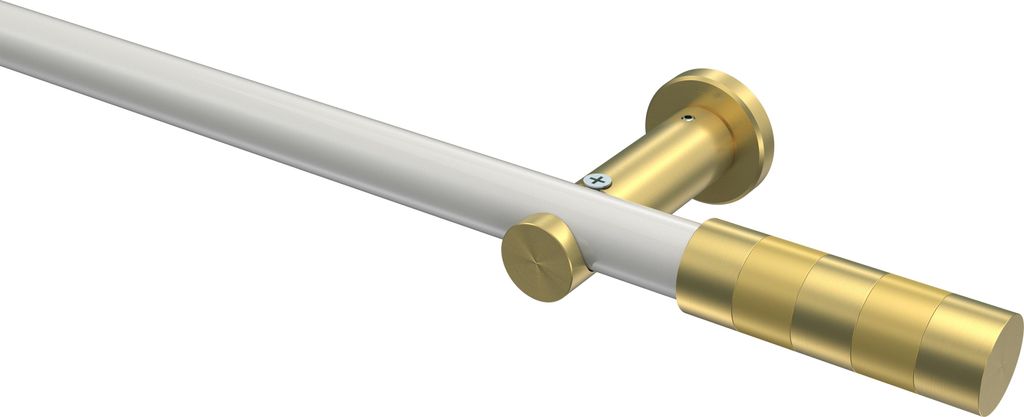 Interdeco Gardinenstange / Vorhangstange Weiß / Messing-Optik, Typ Platon Mavell (Zylinder) ohne Ringe, 20 mm Ø 1-läufig, 240 cm