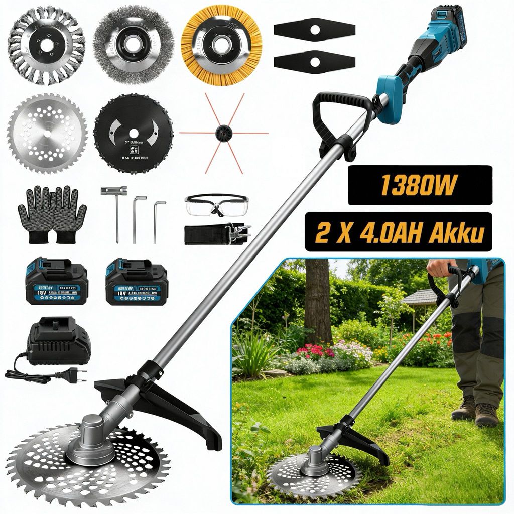 1380W Akku Rasentrimmer mit 2×4.0Ah Akku 18V, 18800 RPM 168cm Bürstenloser Motor Rasentrimmer mit 3 Unkrautbürste 7 Klingentypen, Garten Freisch...
