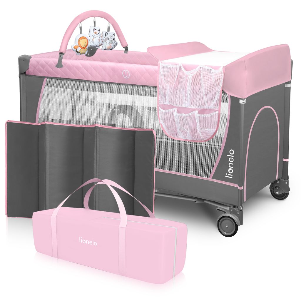 Lionelo Flower Reisebett Baby Laufstall Baby mit Seiteneingang Wickeltisch zwei Matratzenaufhängungshöhen Spielzeugbogen mit Spielfiguren Rollen ...