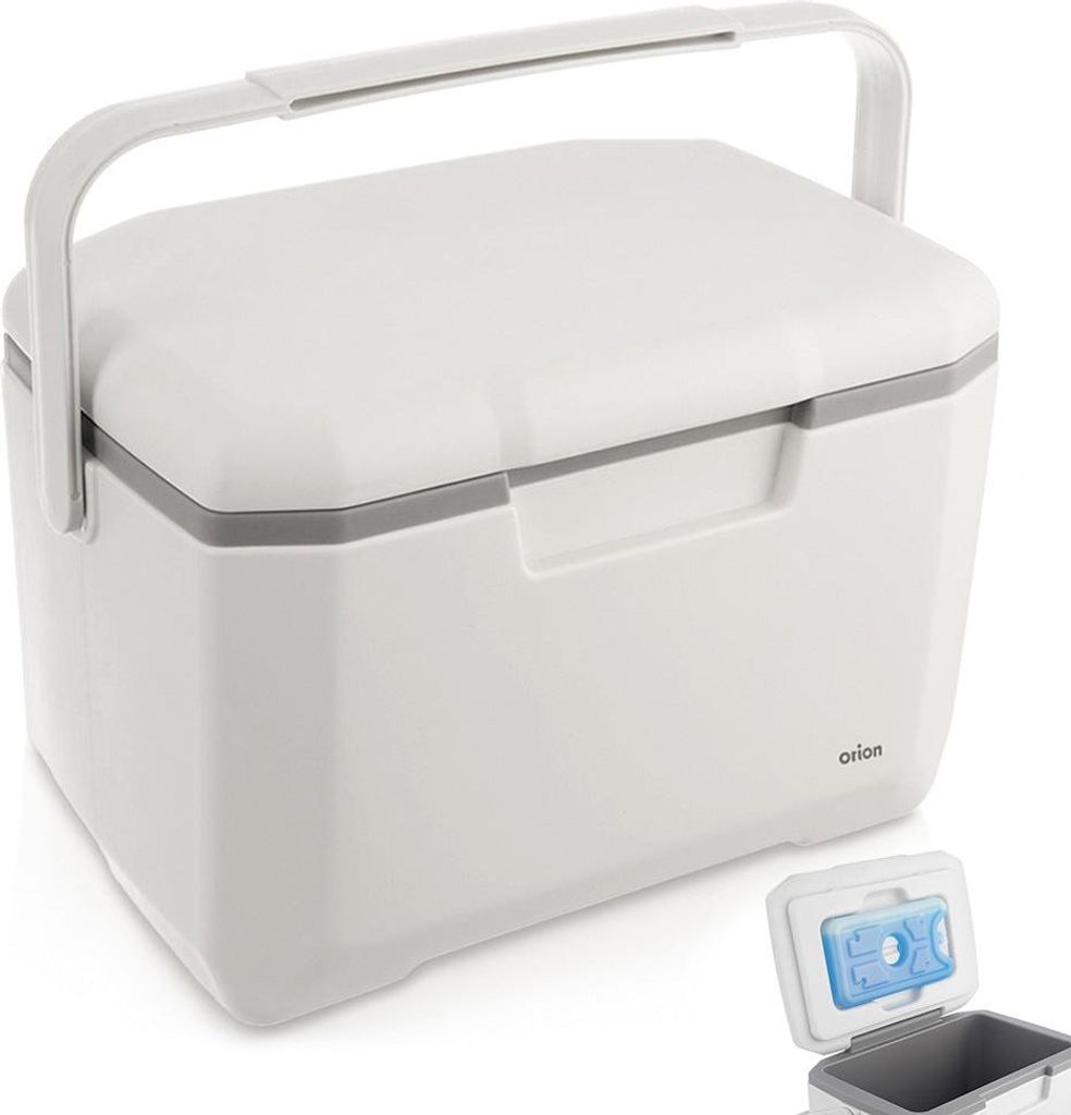 A white cooler box with a gray trim and handle, shown on a white background. A smaller inset image shows the lid open with an ice pack inside.