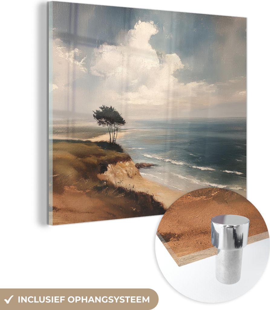 MuchoWow Glasbilder - Bilder auf Wandbild - Foto auf Glas Klippe - Meer - Baum 40x40 cm Wanddekoration aus Glas - Acrylglasbild - Acrylbilder