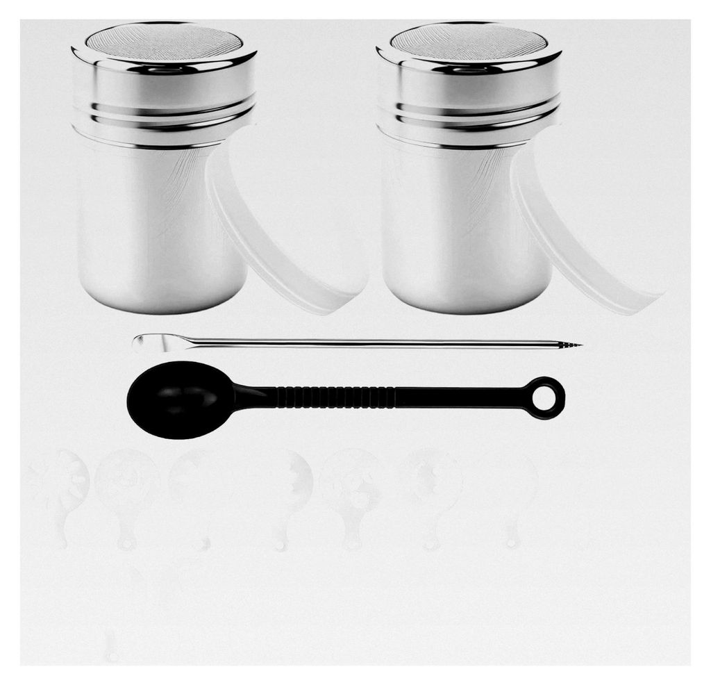 2 Kakaostreuer aus Edelstahl für Cappuccino mit 16 Schablonen und Zubehör