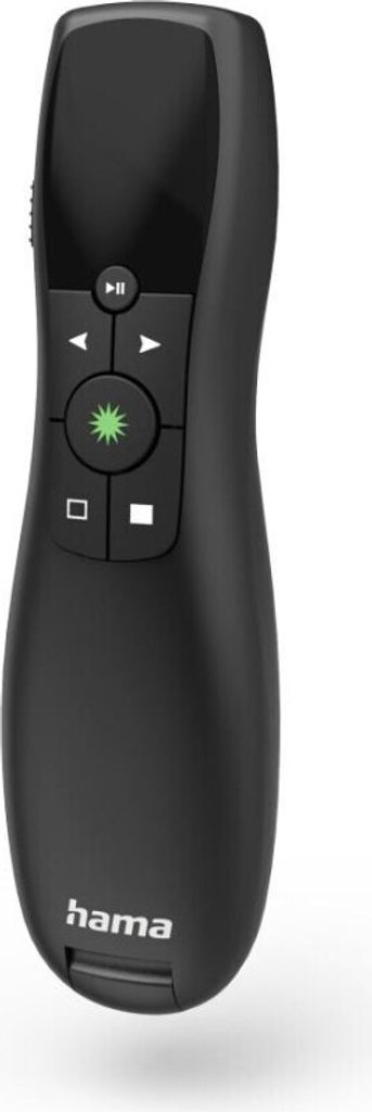 A black wireless laser presenter with a green laser pointer and control buttons, shown against a white background.
