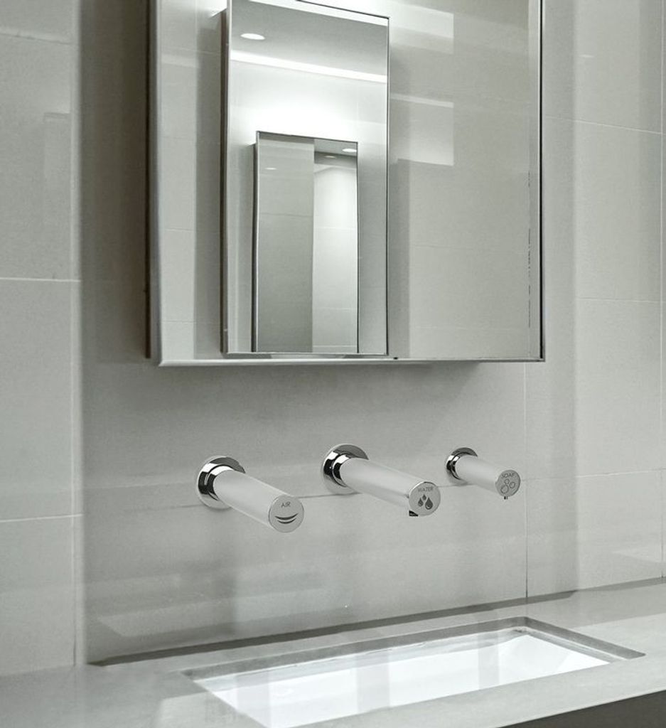 All-in-One Wasserhahn + Seifenspender & Händetrockner mit Sensor zur Wandmontage, Farbe:Chrom