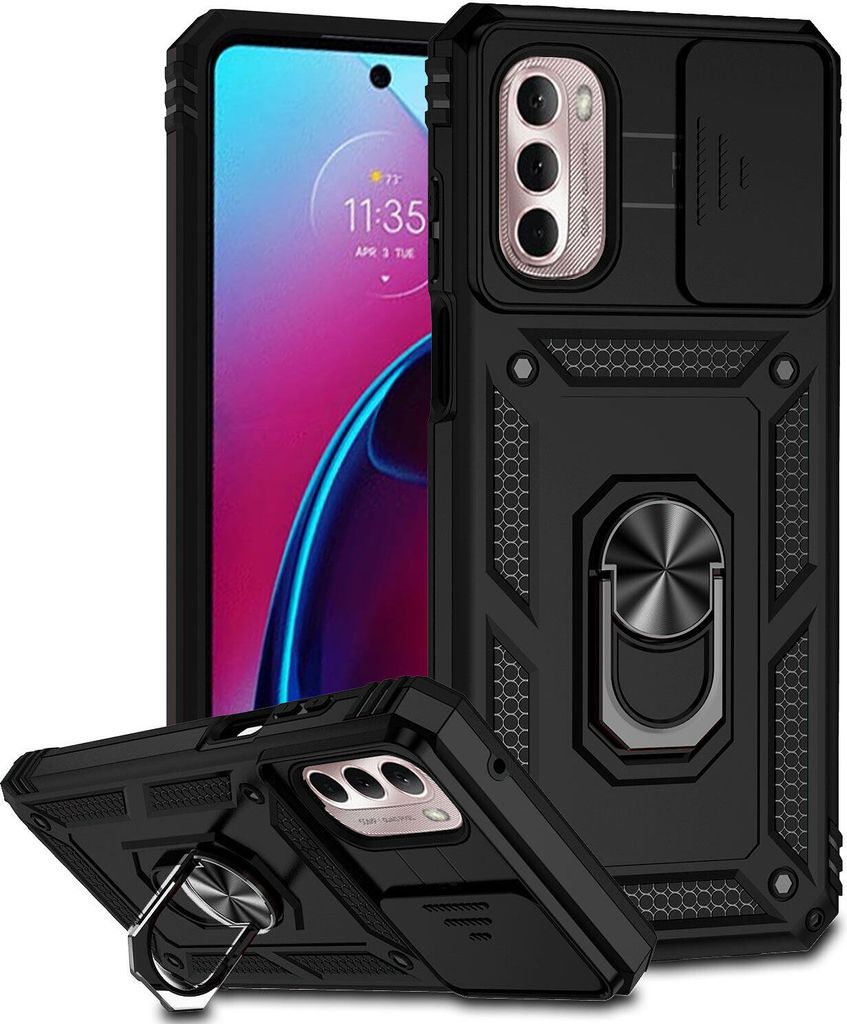 Moto G Stylus 2022 Hülle mit Schiebe Kamera Schutz und Ringhalter Ständer Robust Rüstung Schutzhülle für Motorola Moto G Stylus 2022 Schwarz