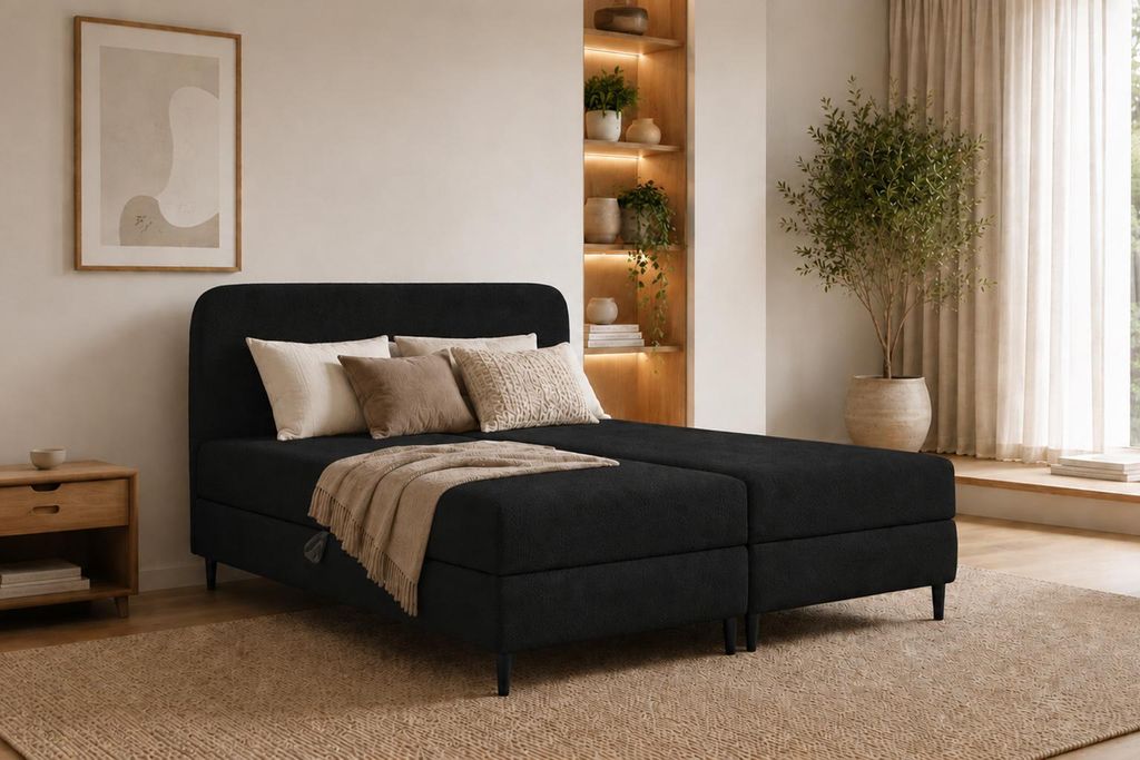 Kaiser Möbel Boxspringbett mit zwei Bettkasten, Bouclé-Stoff Lambi, Schwarz, 120x200 cm, FUBU
