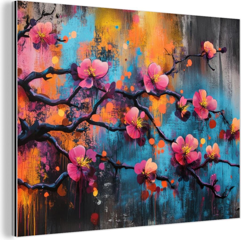 MuchoWow Wanddekoration Metall Metallbild Wandkunst 80x60 cm Blumen - Zweig - Abstrakt - Rosa MuchoWow Aluminium Gemälde - Alubild