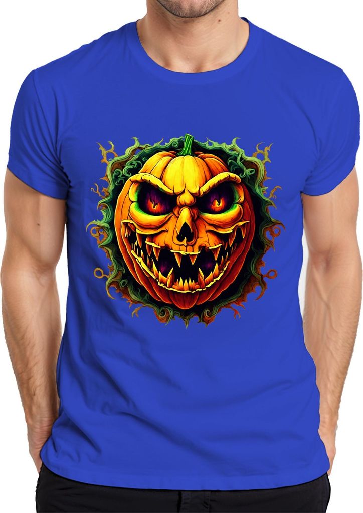 Horrorkürbis Grusel Kürbiskopf Halloween Jack O Lantern Schaurig Herren T-Shirt, Blau, XL