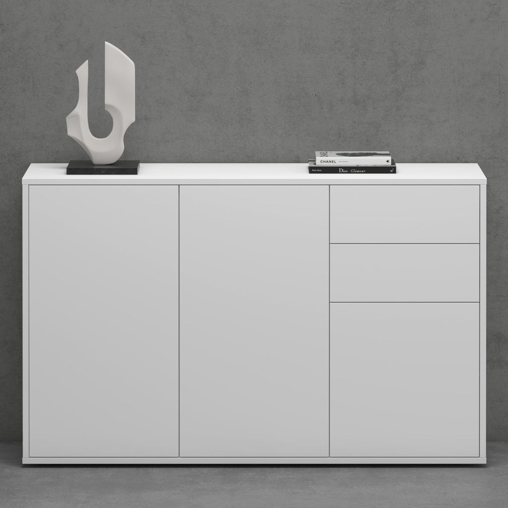 Mai & Mai Kommode Aufbewahrungsschrank mit 2 Schränken und 2 Schubladen in Weiß matt Sideboard Mehrzweckschrank Möbel BTH: 120x36x74 cm Schrank05