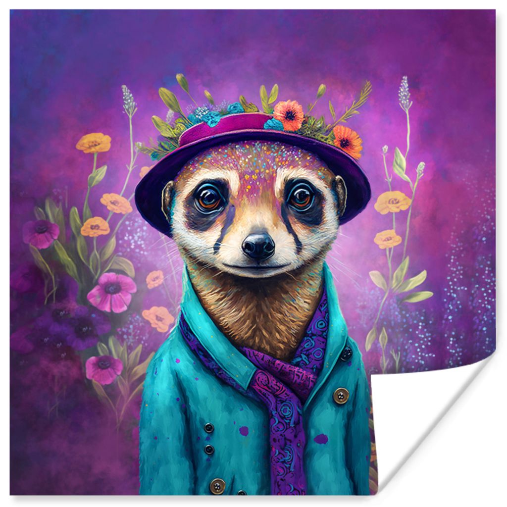 MuchoWow Poster Erdmännchen - Blumen - Farbe - Lila - Porträt 30x30 cm - Wandposter - Printing