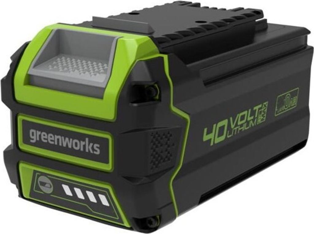 A product shot of a Greenworks 40V lithium-ion battery pack.