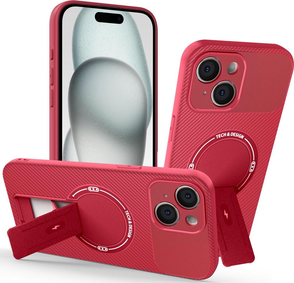 Hülle für iPhone 14 Magnetisch Carbonfaser Design TPU Hybrid Handyhülle mit Ständer Rot
