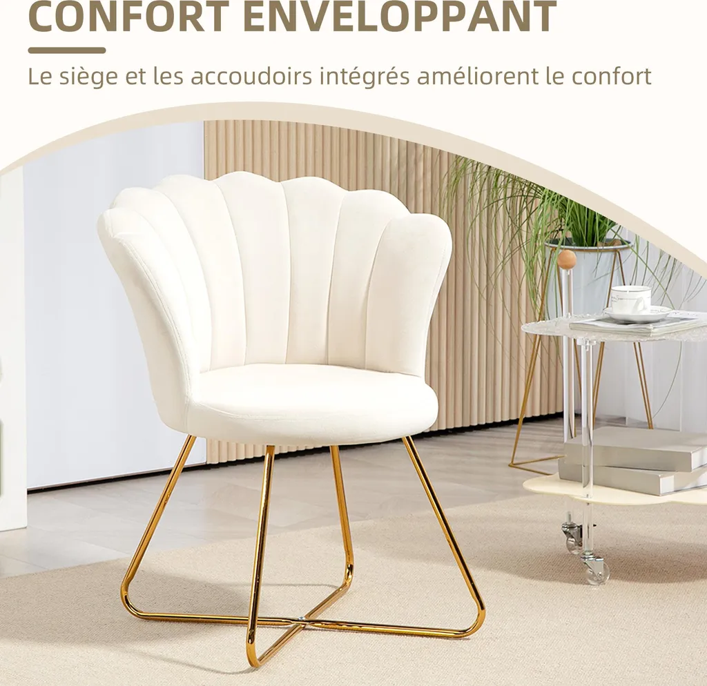 Fauteuil d'appoint velours crème pour coin lecture ou chambre cosy