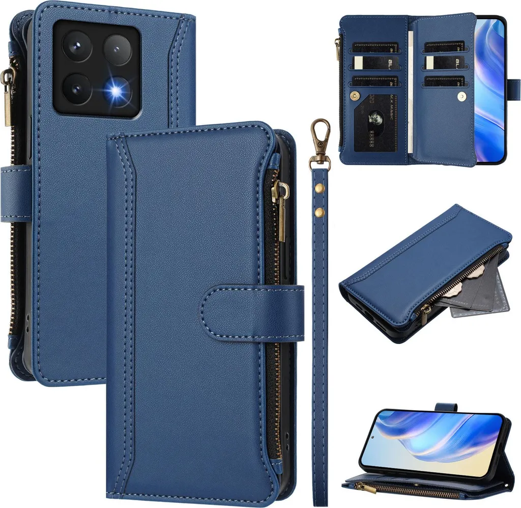 Custodia Xiaomi 14T Pro Portafoglio Blu in Pelle PU con Cerniera e Supporto