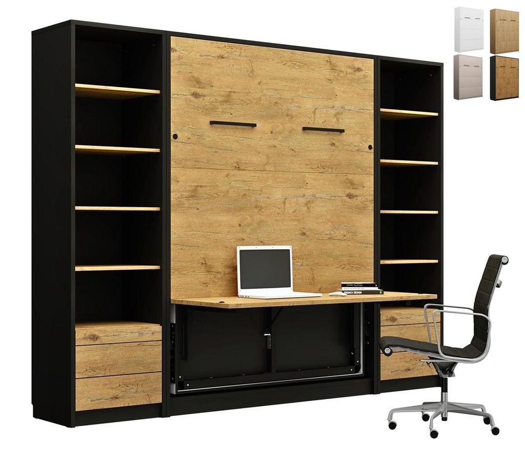 Schrankbett Wandbett Klappbett vertikal GN 140x200 mit Schreibtisch LED und 2 Regalen Eiche Lancelot & Schwarz