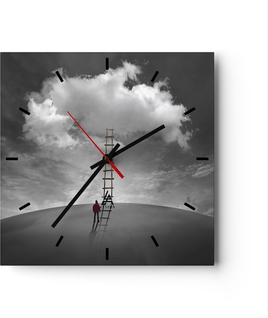 Wanduhr - Quadrat - Glasuhr - Symbol Leiter Himmel - 40x40cm - Schleichendes Uhrwerk - Lautlos - zum Aufhängen bereit - Dekoration Modern - Wandde...