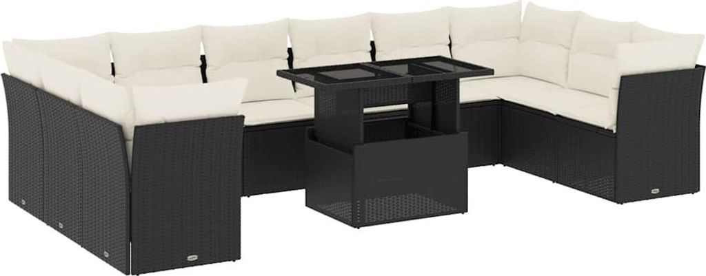 vidaXL 11-tlg. Garten-Sofagarnitur mit Kissen Schwarz Poly Rattan