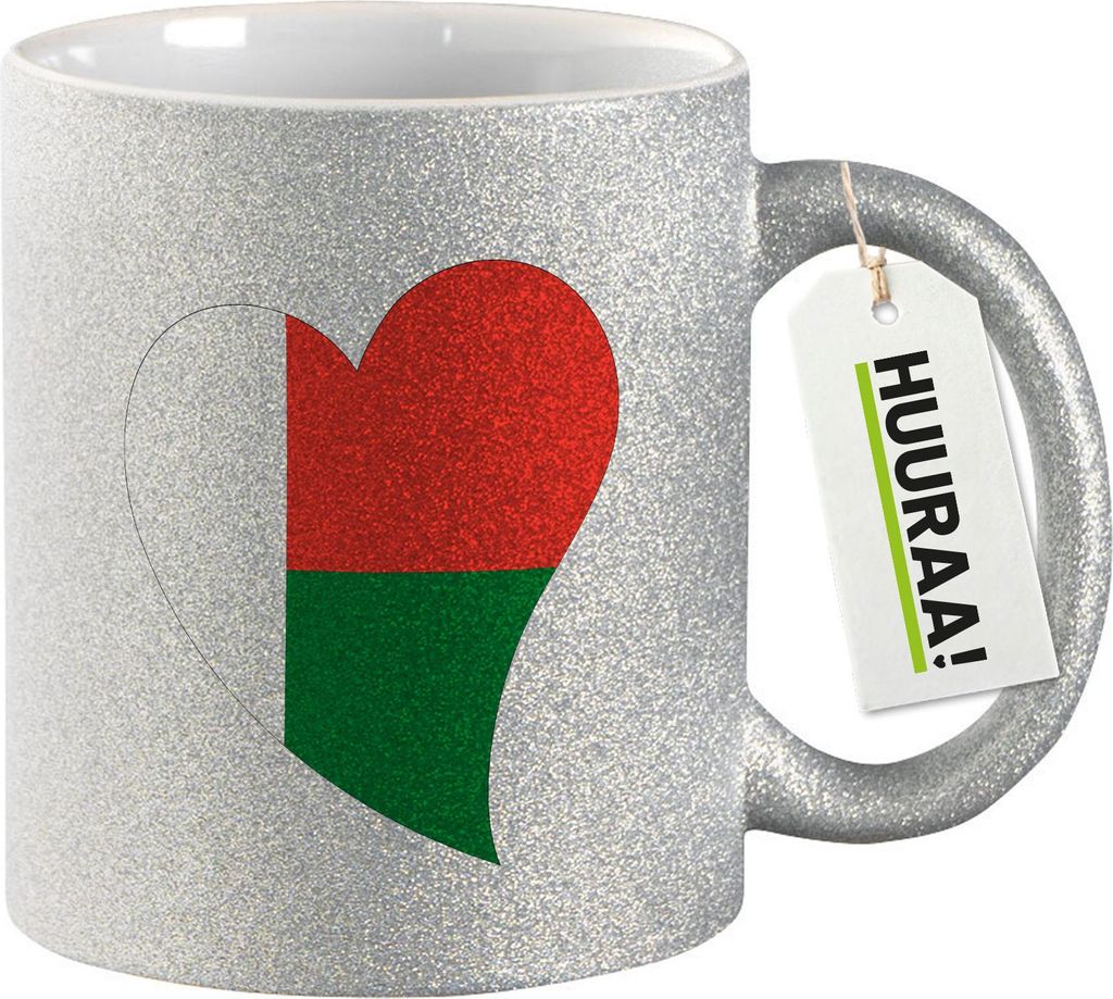 Huuraa Glitzertasse Madagaskar Flagge Herz 330ml Silber Keramik Kaffeebecher Geschenkidee