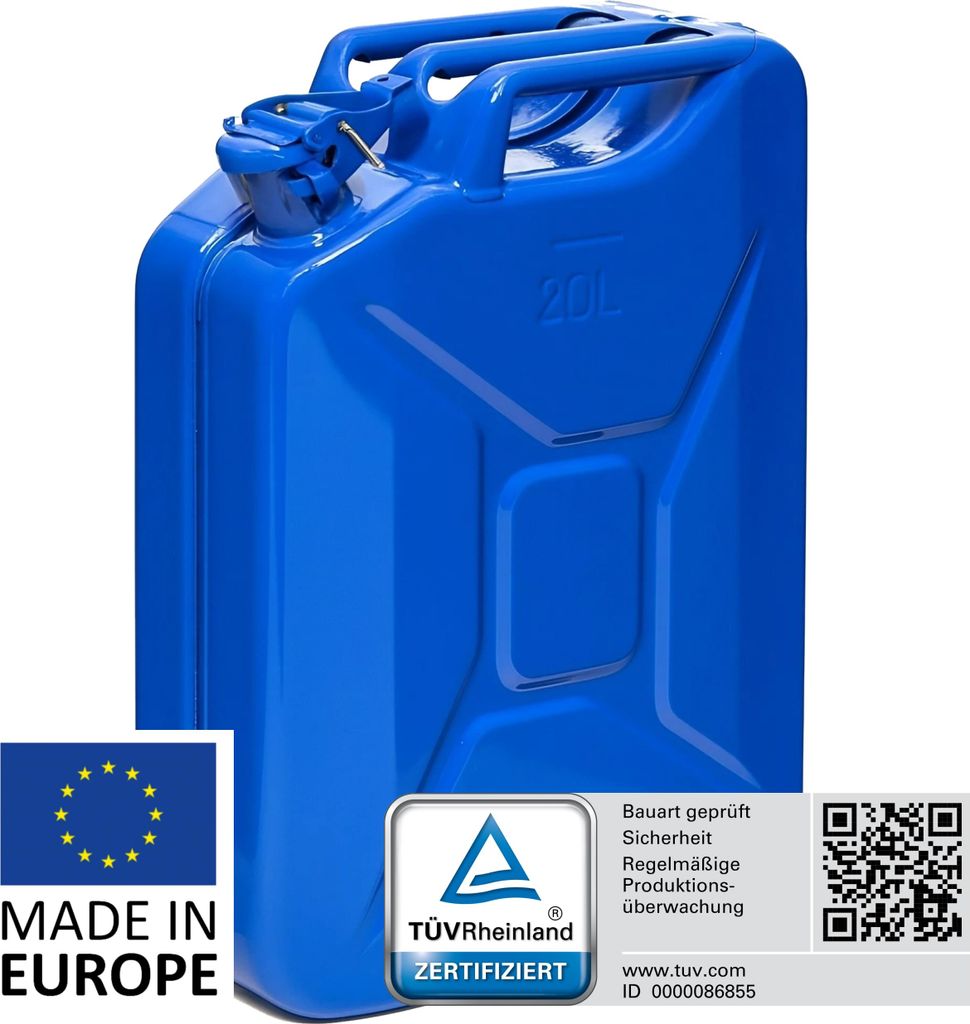 BW Kraftstoffkanister Metall Benzinkanister 20 Liter - Blau RAL 5005 - UN-Zulassung - Hergestellt in Europa