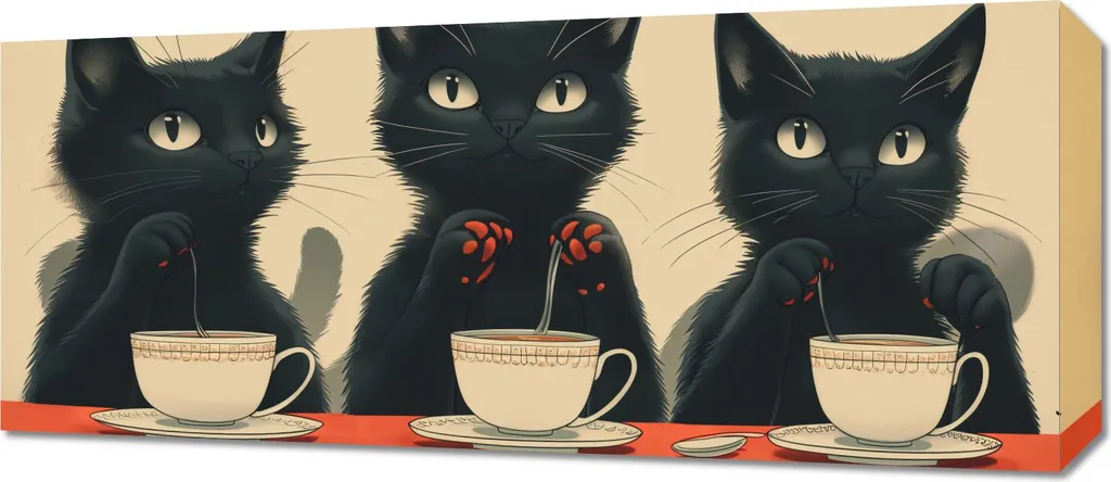 Offerta Quadro 70x30 Caffetteria Gatti Neri - Tela Pronta Consegna