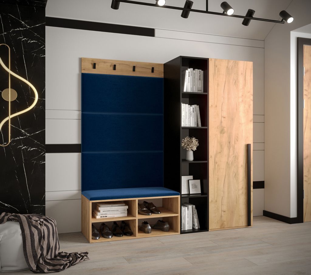 Flur-Garnitur mit gepolsterten Paneelen HARRISON – Eiche Gold, blaue Paneele