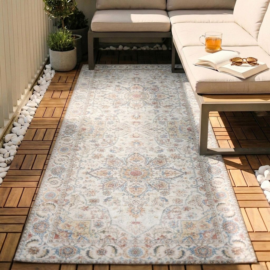 Volero - Waschbarer Läufer - Domingo Mandala Weiß - 80x180 cm - Wohnzimmer, Balkon, Garten / Terrasse, Flur - Boho, Orientalisch