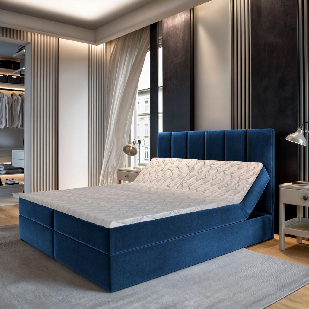 Masseno Boxspringbett BARINO 160x200 cm Komplett-Set mit Bonell Matratze und Topper, Polsterbett mit Bettkästen -Blau, KRONOS 09