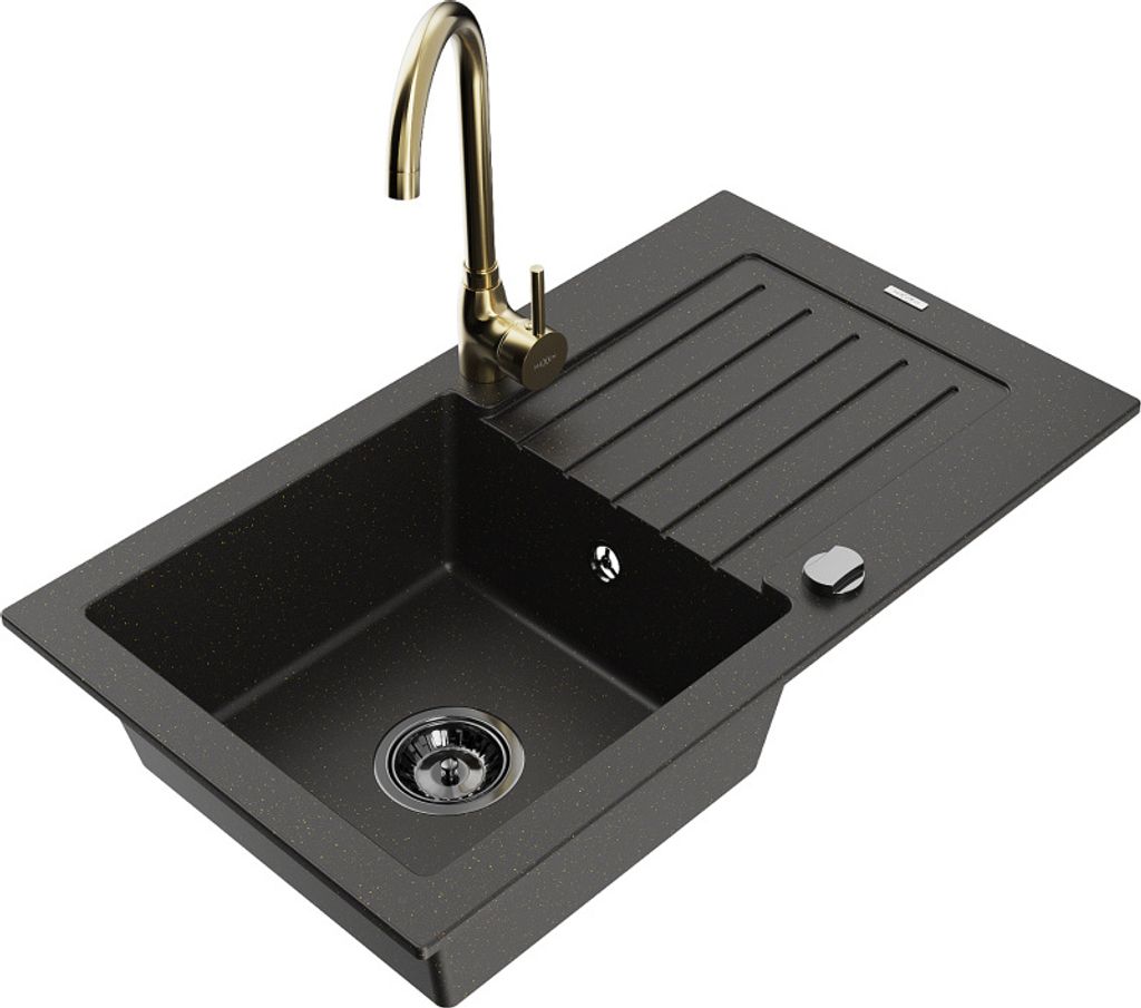 Mexen Pablo 1 Becken-Granitspüle mit Abtropffläche und Mischbatterie Telma, Schwarz/Gold - 6510-75-670200-50-B