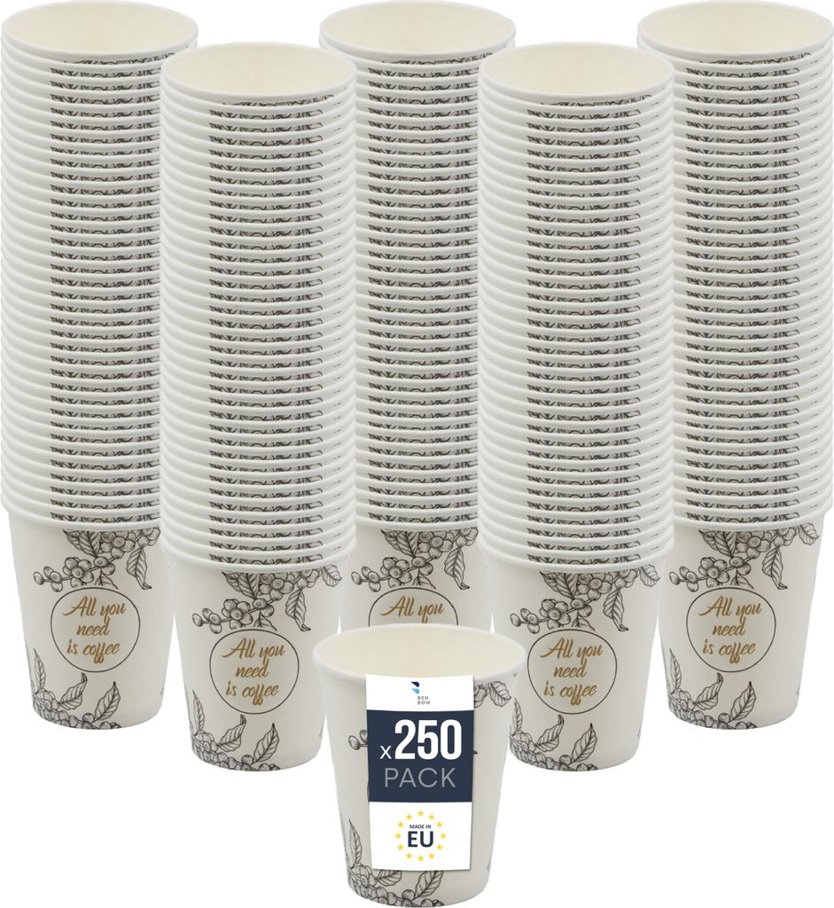 BenBow Kaffeebecher 300 ml x 250, Pappbecher zum Mitnehmen, Einwegbecher für Unterwegs, All You Need Is Coffee, Kaffee Becher für Büro und Kaffe...