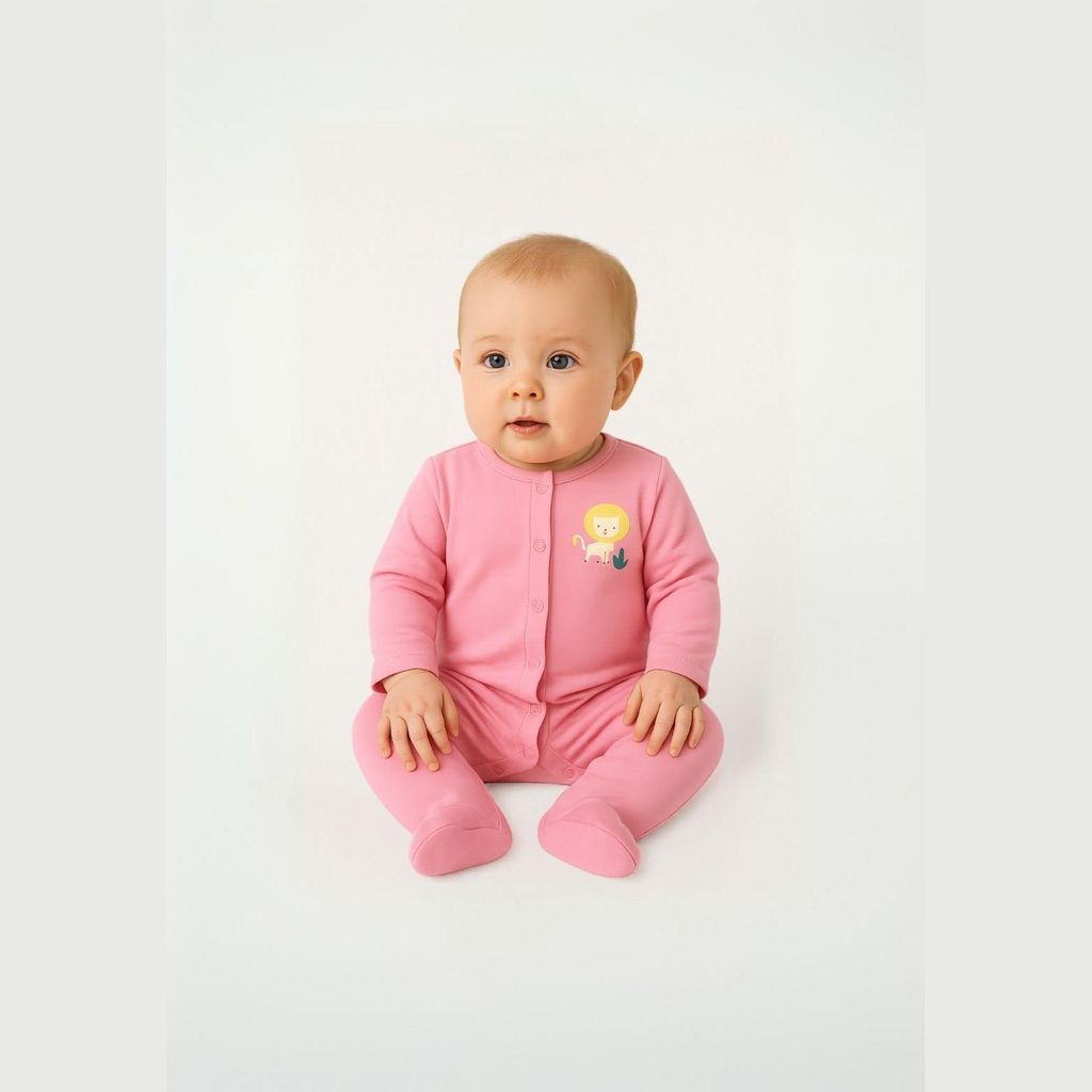 Minoti Baby Strampler 100% Baumwolle Rosa für Mädchen - Weicher Schlafanzug mit Löwen-Design und Druckknöpfen