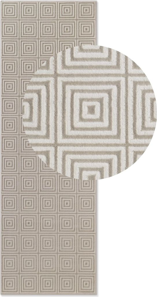 Elle Decoration | Moderner Teppich - 3D Effekt Geometrisch - Kurzflor Wohnzimmer - Edles Design - beige - 80 x 240 cm