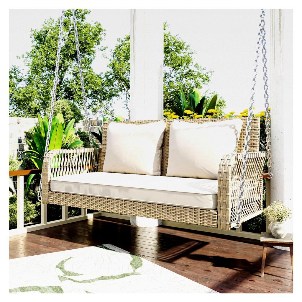 Schaukelbank für zwei Personen, Hängebank aus PE-Rattan, Gartenschaukel zum Aufhängen, Hollywoodschaukel mit Sitz- und Rückenkissen, Schaukel f...