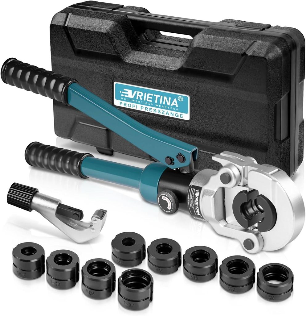 Profi Presszange V-Kontur und TH-Kontur mit Rohrabschneider Handpresszange mit V12 V15 V18 V22 V28 & TH16 TH20 TH26 TH32 für Kupferrohr Verbundrohr