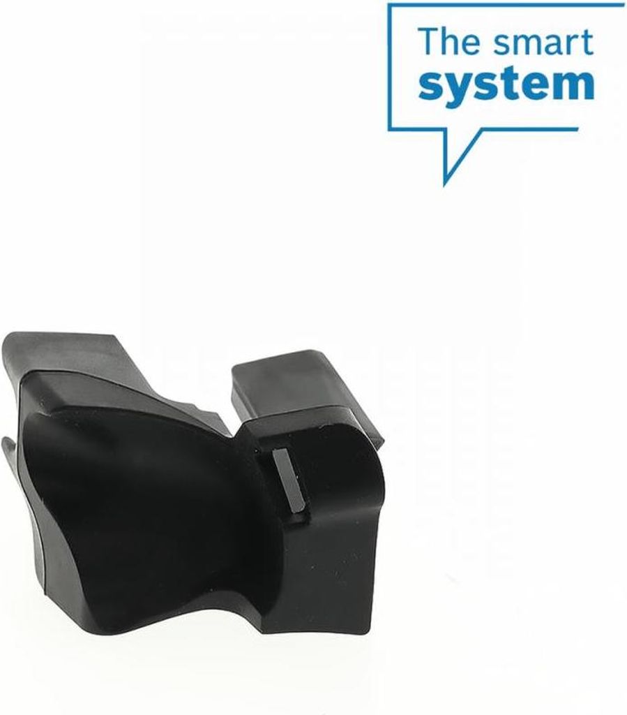 A black plastic component is shown against a white background, with a speech bubble graphic containing text in the upper right corner.