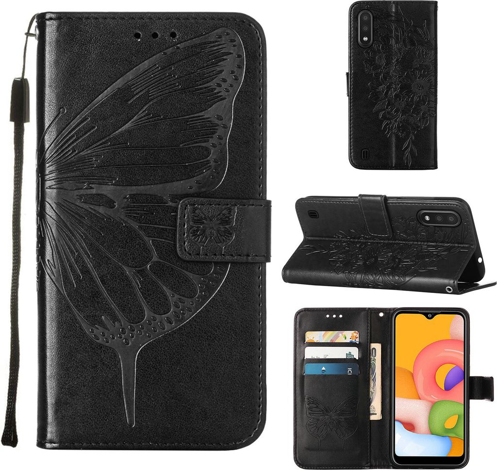 Galaxy A01 Hülle, Schmetterling Prägung Flip Leder Kartenfächer Schutzhülle Ledertasche mit Ständer für Samsung Galaxy A01 Schwarz