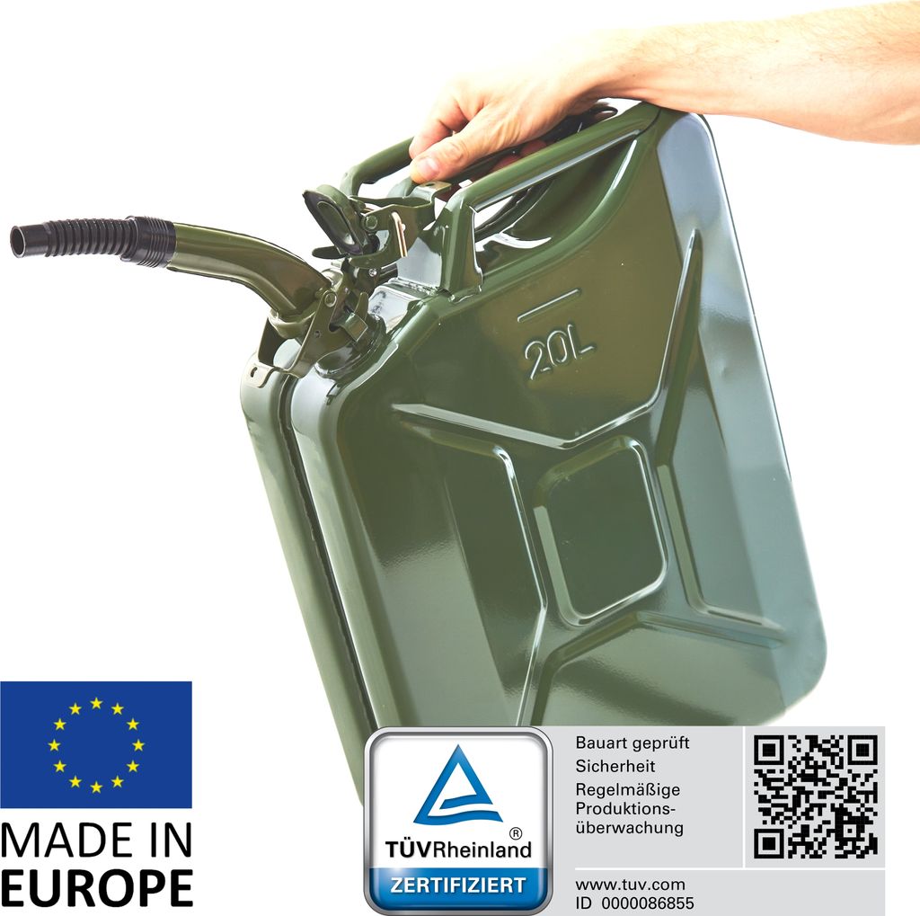 BW Kraftstoffkanister Metall Benzinkanister 20 Liter mit Ausgießer - Olivegrün RAL 6003 - UN-Zulassung - Hergestellt in Europa