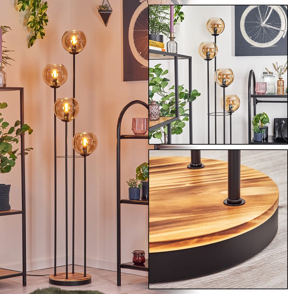 Cesaro Stehlampe aus Metall/Holz/Glas in Schwarz/Natur/Bernsteinfarben