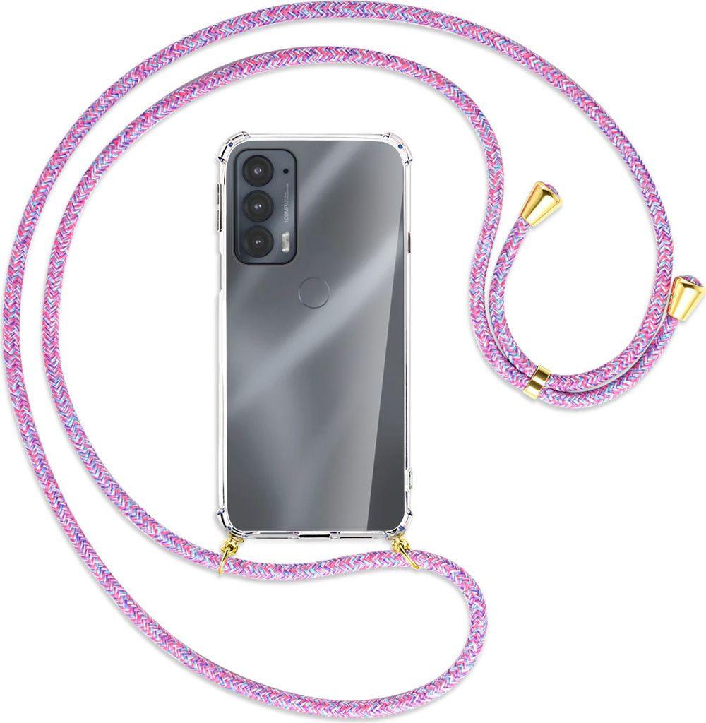 Handykette Backcover-Schutzhülle mit Band (Metall goldfarben) für Motorola Edge 20 - lila/rosa/blau