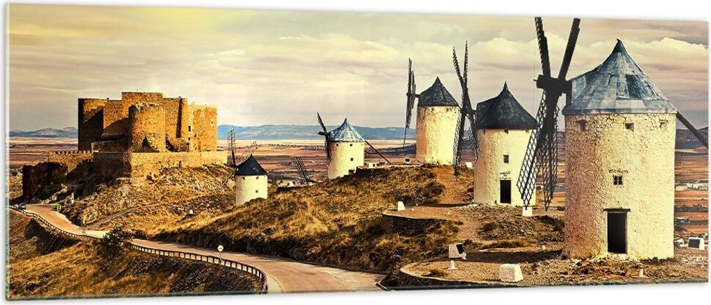 Bilder auf glas - Windmühle andalusien landschaft - 140x50cm - Glasbilder - Wandbilder - Kunstdruck - zum Aufhängen bereit - Wanddekoration aus G...