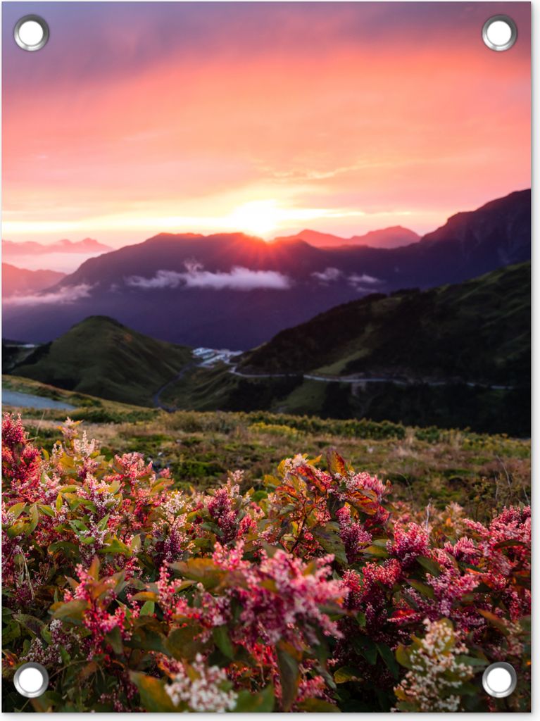 MuchoWow 30x40 cm Outdoor-Poster Gartendeko Sichtschutz Garten Poster für den Garten Blumen - Berge - Landschaft - Nacht - Himmel - Rosa