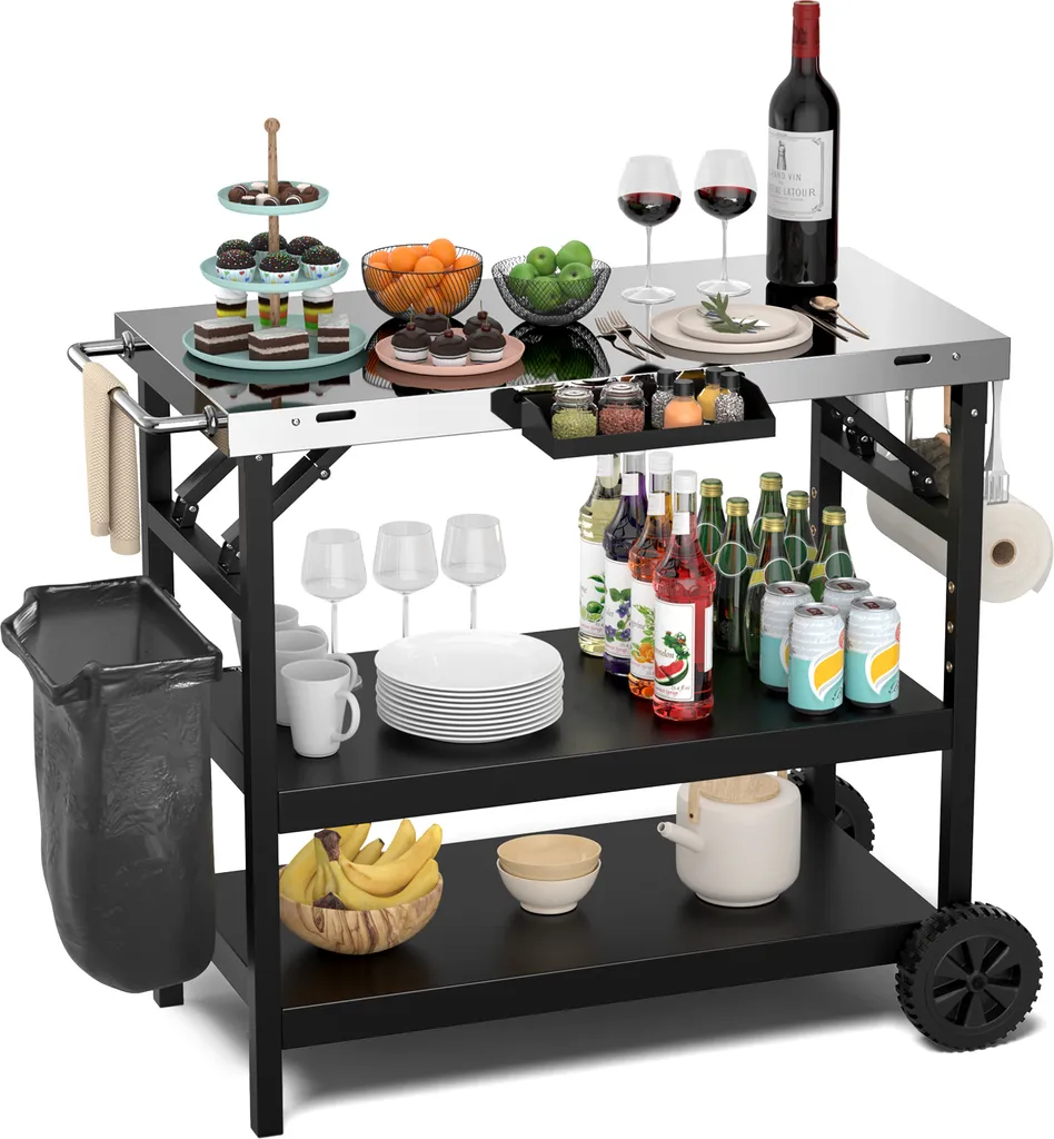 Chariot de Grill Extérieur avec Étagère Réglable et Porte-Épices Noir