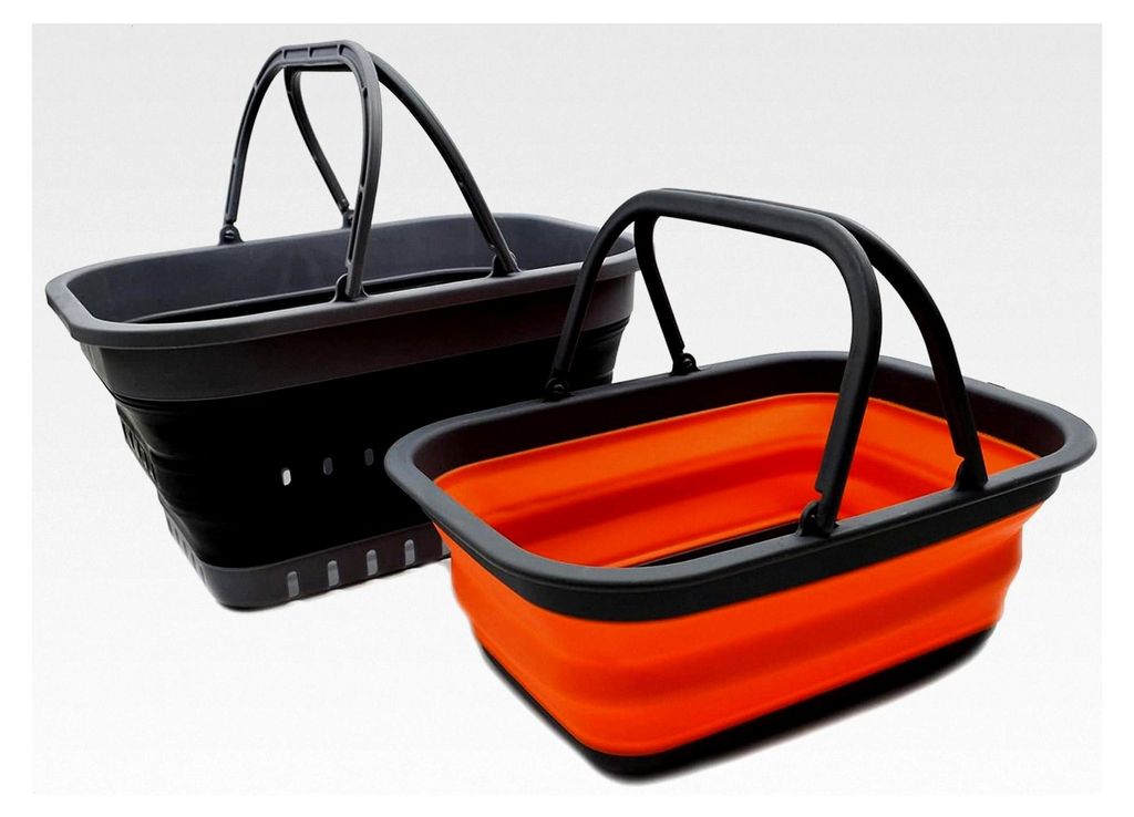 Faltbare Wanne mit Griff - Tragbarer Picknickkorb für den Außenbereich - Faltbare Einkaufstasche - 2 Stück (Orange & Schwarz)