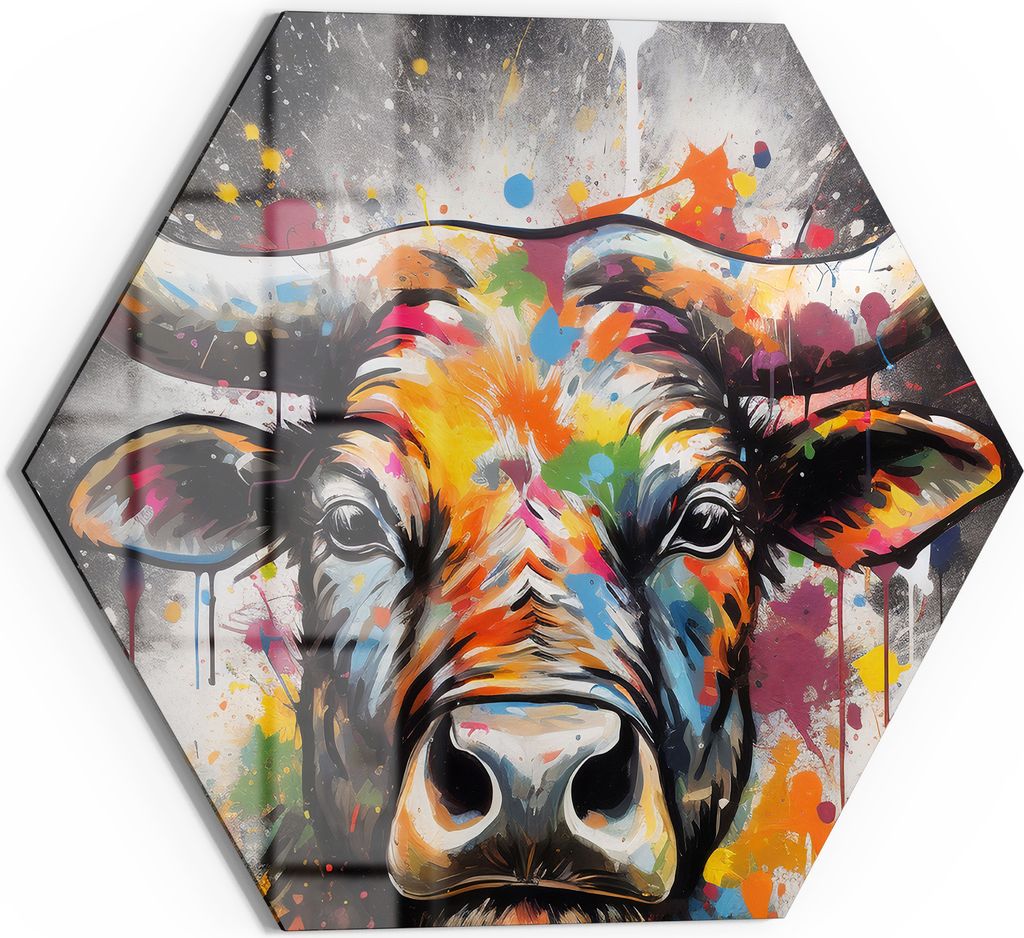 DEQOART Magnettafel Glas 55x48 cm 6-eckig 'Farbenfrohe Stierkraft' beschreibbar Whiteboard Küche