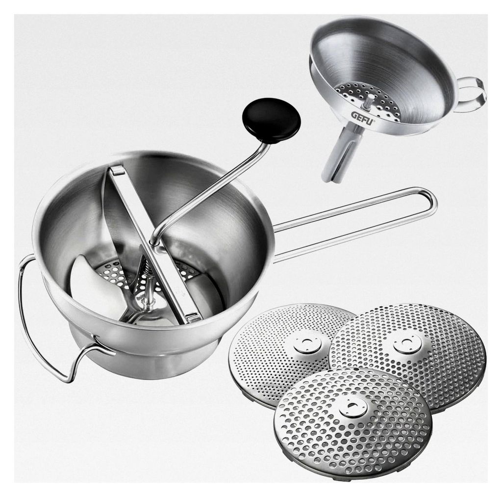 Küchenhelfer Set: Passiergerät Flotte Lotte & Einfülltrichter VERSARE - manuelle Edelstahl-Passiermühle mit 3 Lochscheiben